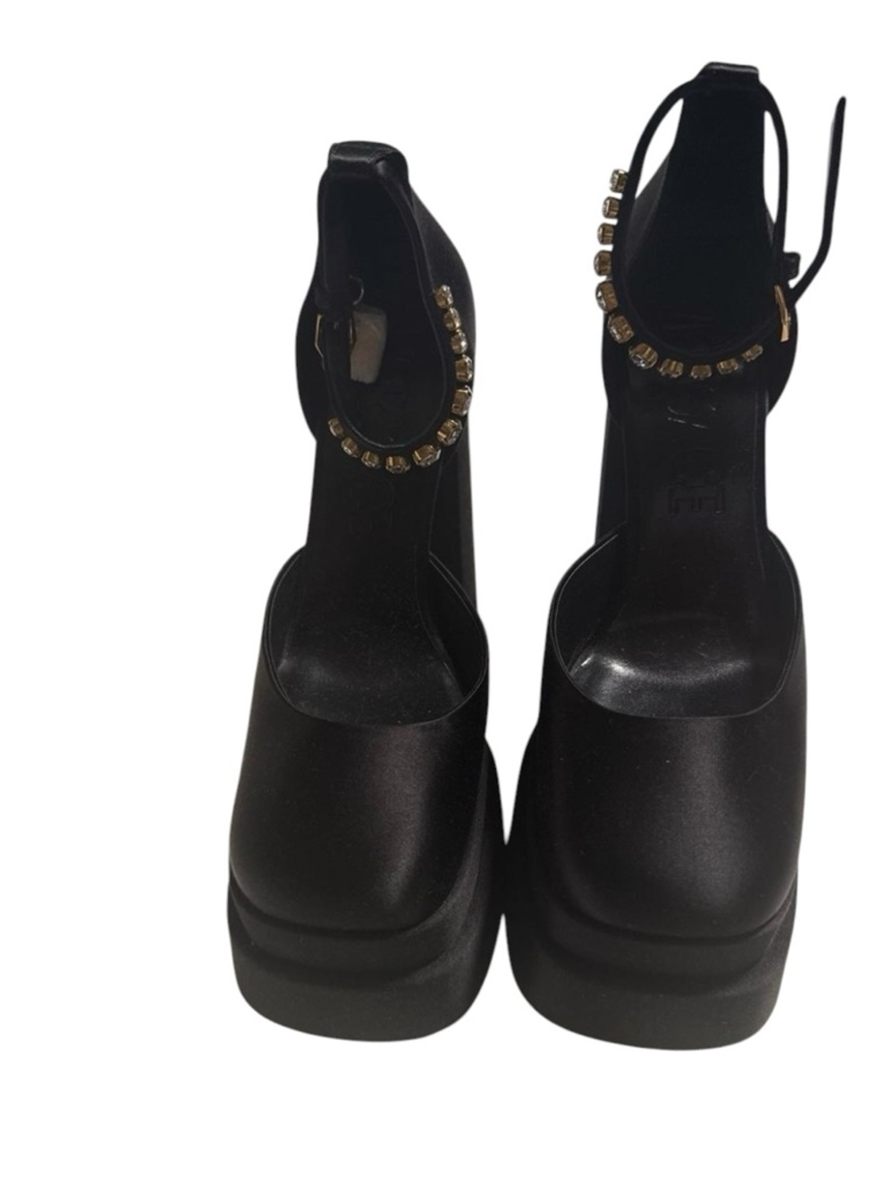 Versace Black Platform Ankle-Strap Pumps with Gold Crystal Trim